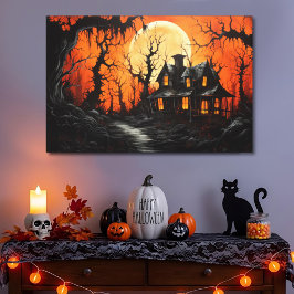Impressão Em Tela Mansão Assombrada de Halloween ao Crepúsculo Âmbar