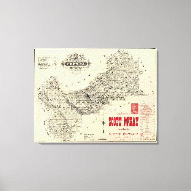 Impressão Em Tela Map Fresno County, Califórnia (Frente)