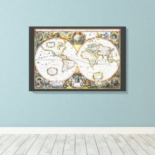 Impressão Em Tela Mapa Antigo do Mundo por Hendrik Hondius, 1630