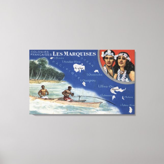 Impressão Em Tela Mapa das Ilhas, Nativos em uma Canoa (Frente)