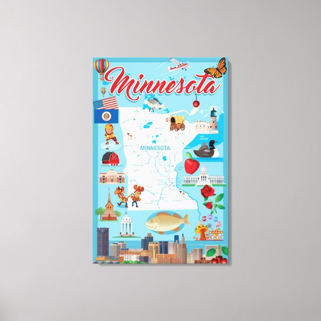 Impressão Em Tela Mapa de Cartoons de Minnesota (Frente)