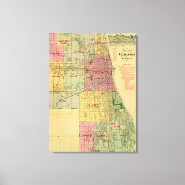 Impressão Em Tela Mapa de Chicago e arredores de Blanchard (Frente)