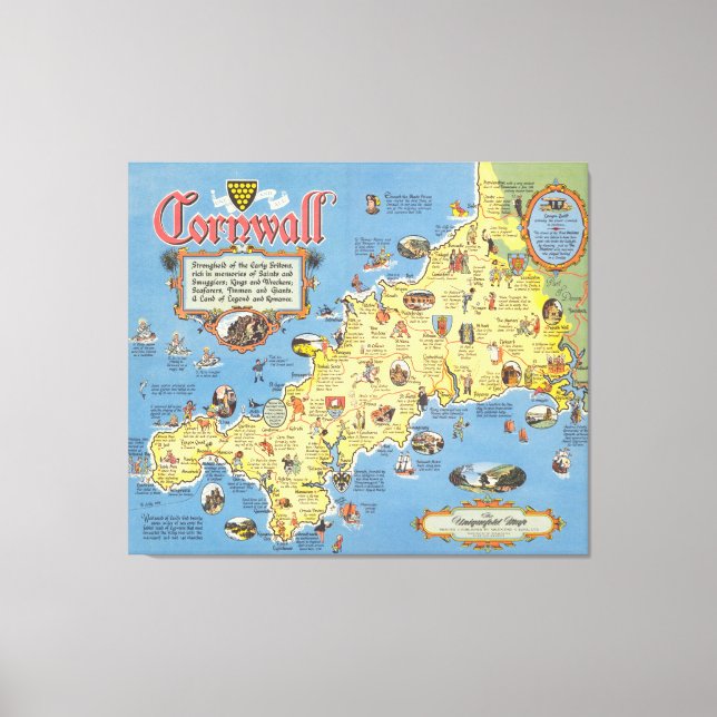 Impressão Em Tela Mapa de Cornwall, Inglaterra (Frente)