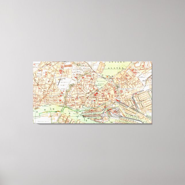 Impressão Em Tela Mapa de Hamburgo Alemanha (1890) (Frente)