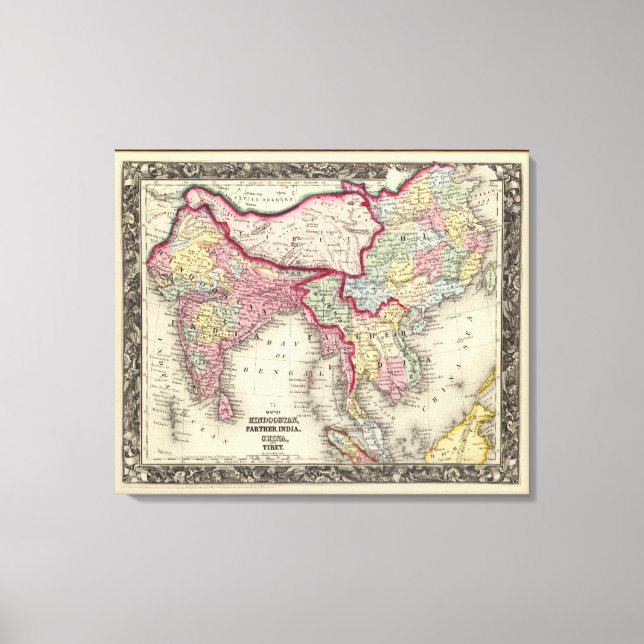 Impressão Em Tela Mapa de Hindoostan, Índia mais distante, China e T (Frente)