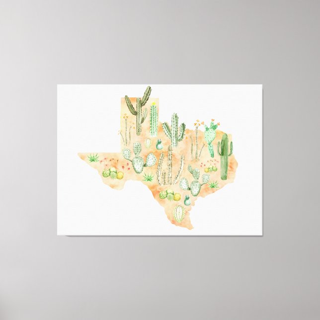 Impressão Em Tela Mapa de Ilustração de Aquarela do Texas Cactus (Frente)