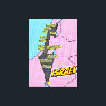 Impressão Em Tela Mapa de Israel ilustrado com pop Art<br><div class="desc">Um mapa estilizado de Israel em estilo pop,  apresentando um contorno preto do país sobre um fundo pontilhado rosa e azul. O mapa é marcado com grandes cidades e locais em caixas amarelas,  incluindo Jerusalém,  Tel Aviv,  Beersheba e Eilat.</div>