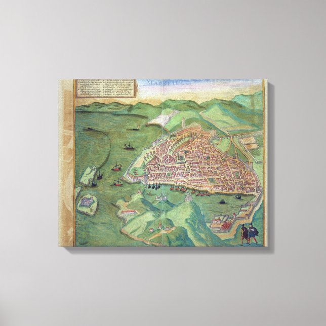 Impressão Em Tela Mapa de Marselha, de Civitates Orbis Terrarum (Frente)