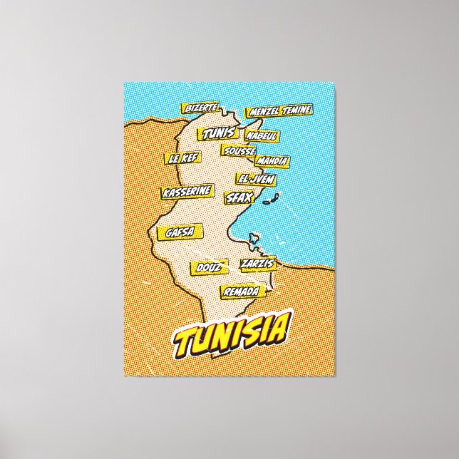 Impressão Em Tela Mapa de pop Art Ilustrado da Tunísia (Frente)