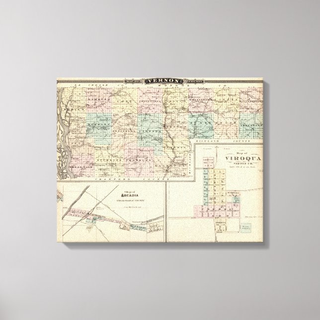 Impressão Em Tela Mapa de Vernon County, Arcadia e Viroqua (Frente)