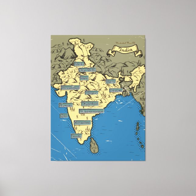 Impressão Em Tela Mapa de viagem ilustrado da Índia (Frente)