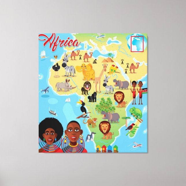 Impressão Em Tela Mapa do Cartoon Africano (Frente)