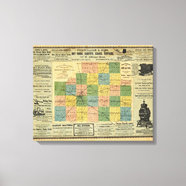 Impressão Em Tela Mapa do Condado de McLean, Illinois 1886 (Frente)