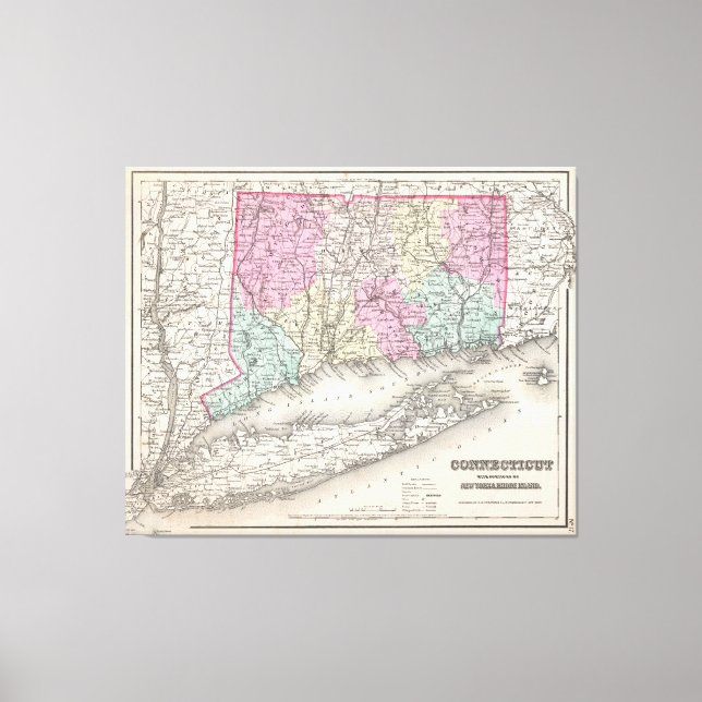 Impressão Em Tela Mapa do Connecticut (1857) (Frente)