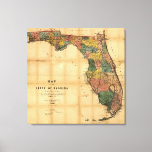 Impressão Em Tela Mapa do Estado da Flórida de 1856 por Columbus Dr