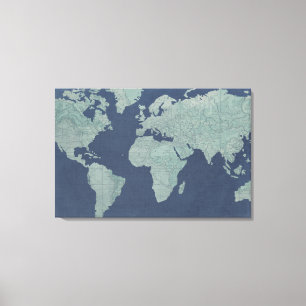 Impressão Em Tela Mapa do Mundo de Linen Azul
