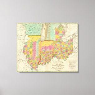 Impressão Em Tela Mapa dos estados de Ohio Indiana & de Illinois