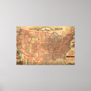 Impressão Em Tela Mapa dos Estados Unidos do vintage (1883)