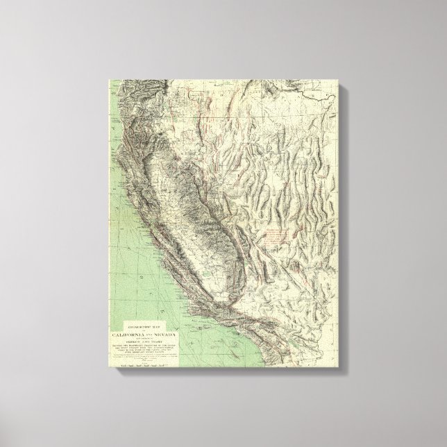 Impressão Em Tela Mapa geomórfico, Califórnia, Nevada (Frente)