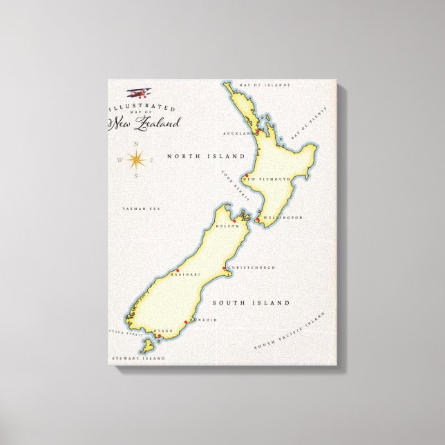 Impressão Em Tela Mapa ilustrado da Nova Zelândia (Frente)