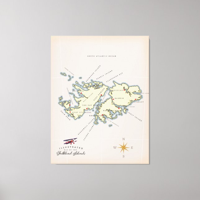 Impressão Em Tela Mapa ilustrado das Ilhas Falkland. (Frente)
