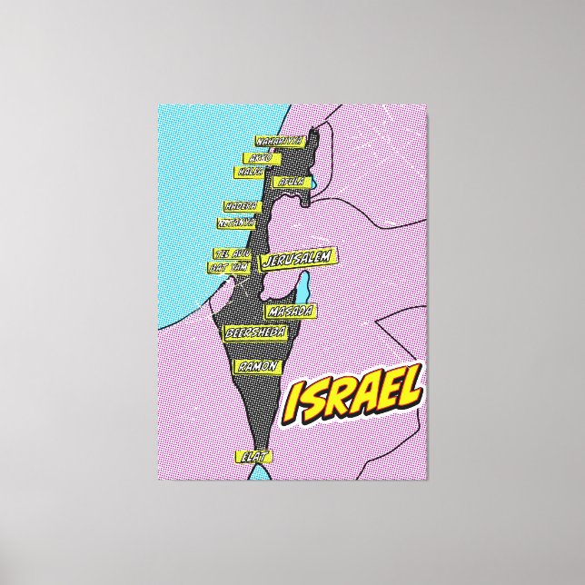 Impressão Em Tela Mapa ilustrado de Israel em Pop Art (Frente)
