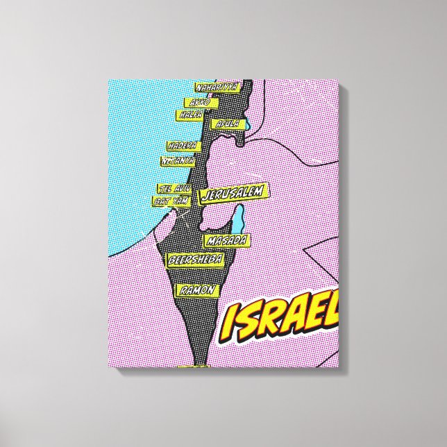 Impressão Em Tela Mapa ilustrado de Israel em Pop Art (Frente)