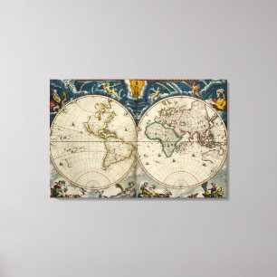 Impressão Em Tela Mapa Mundial Antigo - Blaeu, Joan 1664