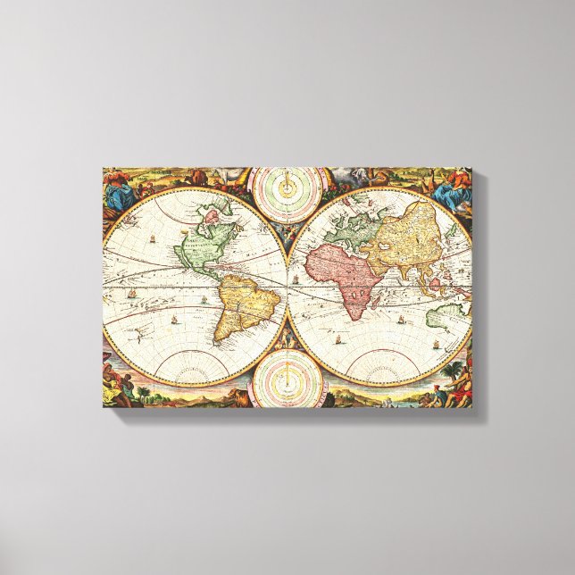 Impressão Em Tela Mapa Mundial Antiquado Dois Hemisférios Raros Arte (Frente)