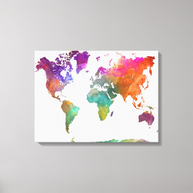 Impressão Em Tela Mapa Mundial da Aquarela (Frente)