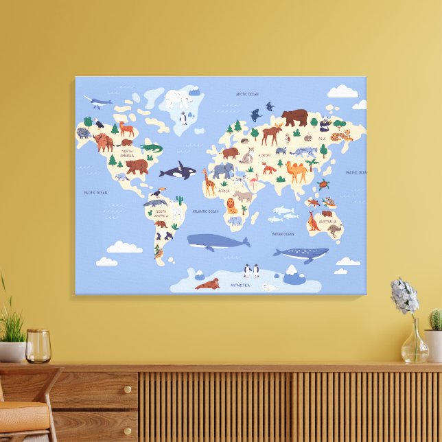 Impressão Em Tela mapa mundial infantil com animais (Insitu(Sala de estar))
