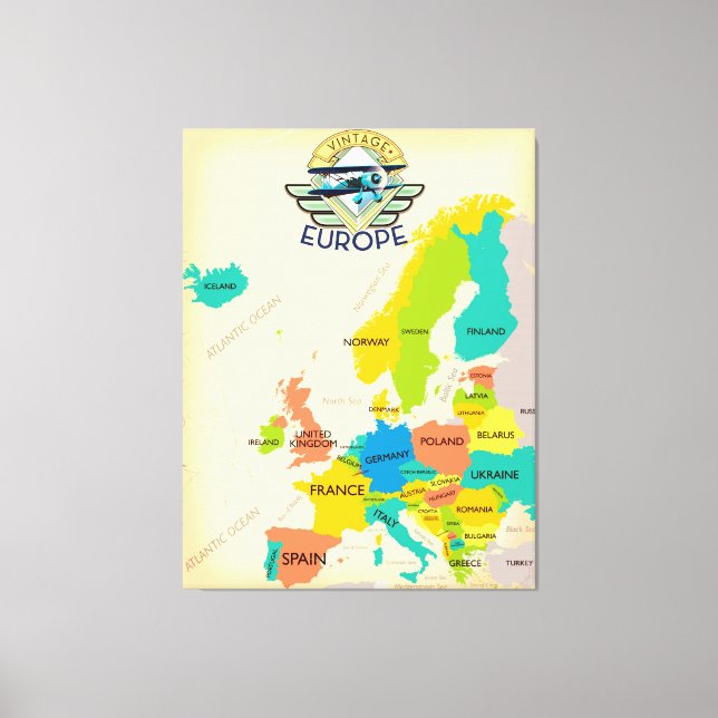 Impressão Em Tela Mapa Retro da Europa. (Frente)