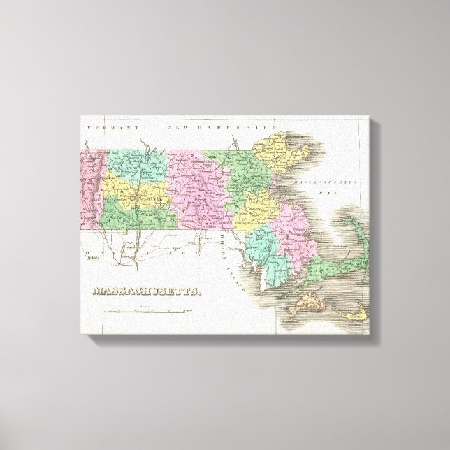 Impressão Em Tela Mapa Vintage de Massachusetts (1827) (Frente)
