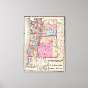 Impressão Em Tela Mapa Vintage de Washington e Oregon (1872)