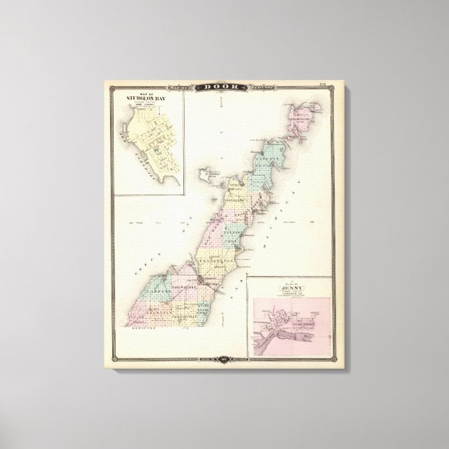 Impressão Em Tela Mapas de Door County, Sturgeon Bay e Jenny (Frente)