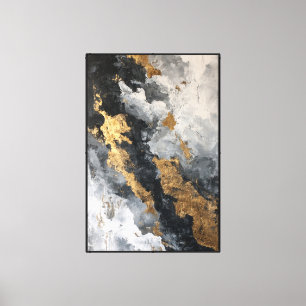Impressão Em Tela Mármore Abstrato Texturizado Preto, Branco e Doura