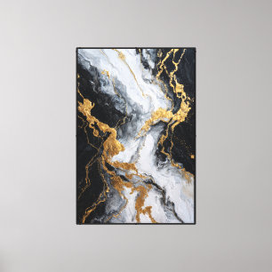 Impressão Em Tela Mármore Preto, Branco e Dourado com Veios Abstrato