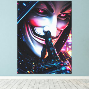 Impressão Em Tela Máscara de Hacker Cyberpunk Brilho Neon Silencioso
