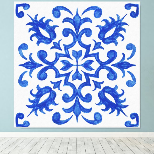 Impressão Em Tela Medaillon central redondo de azulejo azul portuguê (Insitu(piso de madeira))