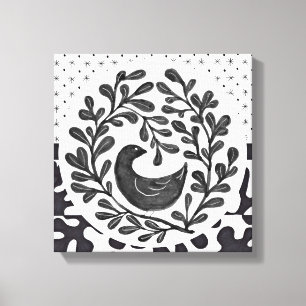 Impressão Em Tela Medalhão de Pássaros Pretos e Brancos de Wall Art