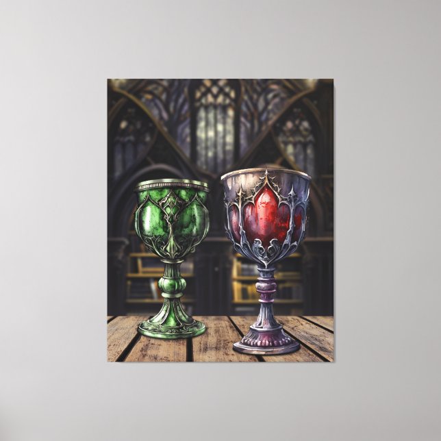 Impressão Em Tela Medieval Gothic Green Red Goblet Castle Library (Frente)