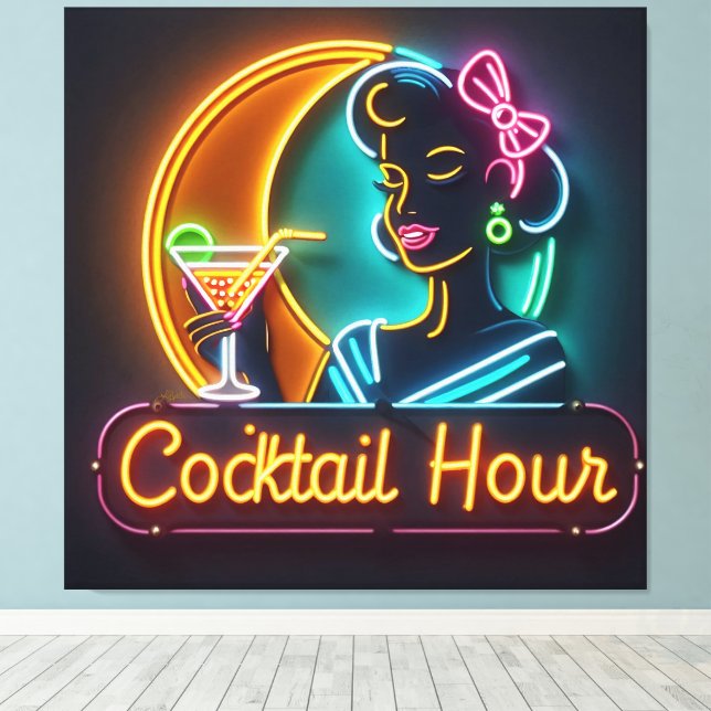 Impressão Em Tela Meio século Neon Sign Cocktail Hour Mulher (Insitu(piso de madeira))