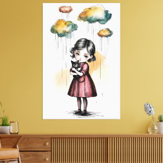 Impressão Em Tela Melancholy Girl with Cat – Whimsical Art Print