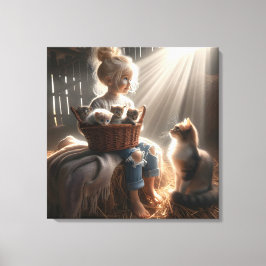 Impressão Em Tela Menina com uma cesta de gatinhos