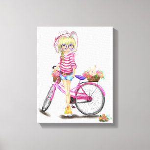 Impressão Em Tela Menina Loura-Gira com Bicicleta Rosa e Gato nas Fl