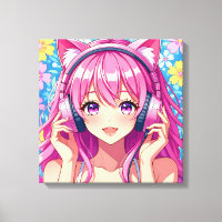 Menina rosa-branca com Fones de ouvido