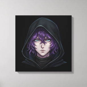 Impressão Em Tela Menino Anime com Capuz Escuro e Cabelo Roxo