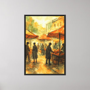 Impressão Em Tela Mercado da Rua de Bustling em Aquarela e Carvão