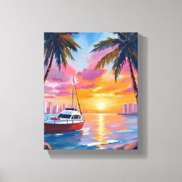 Impressão Em Tela Miami Beach Boat Bay Sunset Watercolor Painting