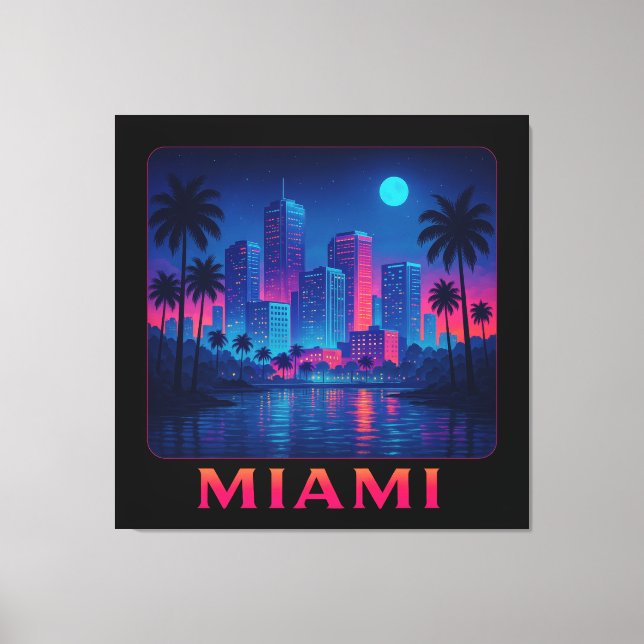 Impressão Em Tela Miami Moonrise - Neon Skyline (Frente)
